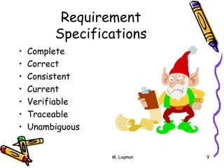 M. Luqman 9
Requirement
Specifications
• Complete
• Correct
• Consistent
• Current
• Verifiable
• Traceable
• Unambiguous
 