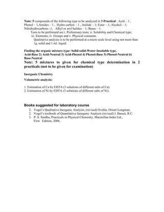Note: 5 compounds of the following type to be analyzed in 3 Practical : Acid – 1 ,
Phenol – 1,Amides – 1 , Hydro carbon – 1 , Anilide – 1; Ester – 1; Alcohol – 1;
Nitrohydrocarbons -1; Alkyl or aryl halides – 1; Bases – 1.
Tests to be performed are i. Preliminary tests; ii. Solubility and Chemical type;
iii. Elements; iv. Groups and v. Physical constants.
Qualitative analysis is to be performed at a micro scale level using not more than
1g. solid and 1 ml. liquid.
Finding the organic mixture type: Solid-solid-Water Insoluble type.
Acid-Base 2) Acid-Neutral 3) Acid-Phenol 4) Phenol-Base 5) Phenol-Neutral 6)
Base-Neutral
Note: 5 mixtures to given for chemical type determination in 2
practicals (not to be given for examination)
Inorganic Chemistry
Volumetric analysis:
1. Estimation of Ca by EDTA (3 solutions of different salts of Ca).
2. Estimation of Ni by EDTA (3 solutions of different salts of Ni).
Books suggested for laboratory course
2. Vogel’s Qualitative Inorganic Analysis, (revised) Svehla, Orient Longman.
2. Vogel’s textbook of Quantitative Inorganic Analysis (revised) J. Basset, R.C.
3. P. S. Sindhu, Practicals in Physical Chemistry, Macmillan India Ltd.,
First Edition, 2006.
 