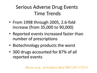 Serious Adverse Drug Events
           Time Trends
• From 1998 through 2005, 2.6-fold
  increase (from 35,000 to 90,000)
• Reported events increased faster than
  number of prescriptions
• Biotechnology products the worst
• 300 drugs accounted for 87% of all
  reported events

        Moore et al., Arch Intern Med 2007;167:1752-9
 