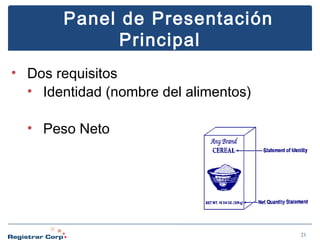 Panel de Presentación
Principal
• Dos requisitos
• Identidad (nombre del alimentos)
• Peso Neto

21

 