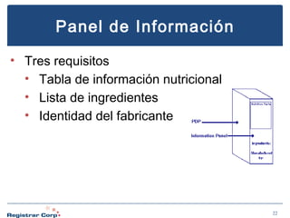 Panel de Información
• Tres requisitos
• Tabla de información nutricional
• Lista de ingredientes
• Identidad del fabricante

22

 