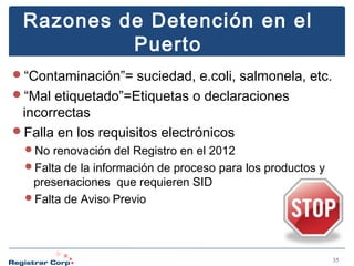 Razones de Detención en el
Puerto
“Contaminación”= suciedad, e.coli, salmonela, etc.
“Mal etiquetado”=Etiquetas o declaraciones

incorrectas
Falla en los requisitos electrónicos

No renovación del Registro en el 2012
Falta de la información de proceso para los productos y

presenaciones que requieren SID
Falta de Aviso Previo

35

 