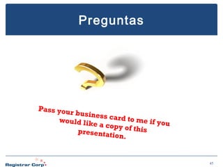 Preguntas

Pass your
business
card to m
would lik
e if you
e a copy o
f this
presentat
ion.

45

 
