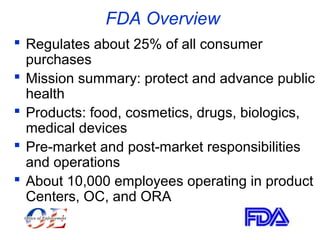 FDA Overview 
 Regulates about 25% of all consumer 
purchases 
 Mission summary: protect and advance public 
health 
 Products: food, cosmetics, drugs, biologics, 
medical devices 
 Pre-market and post-market responsibilities 
and operations 
 About 10,000 employees operating in product 
Centers, OC, and ORA 
 