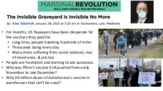 • For months, US Taxpayers have been desperate for
the vaccines they paid for.
• Long lines, people traveling hundreds of miles
• Thousands dying every day
• Many more suffering from social isolation, loss
of loved ones, & job loss
• People are frustrated and starting to ask questions.
• Why was Pfizer’s vaccine EUA pushed from early
November to late December?
• Why 30 million doses of AstraZeneca’s vaccine in
warehouses that can’t be used?
 