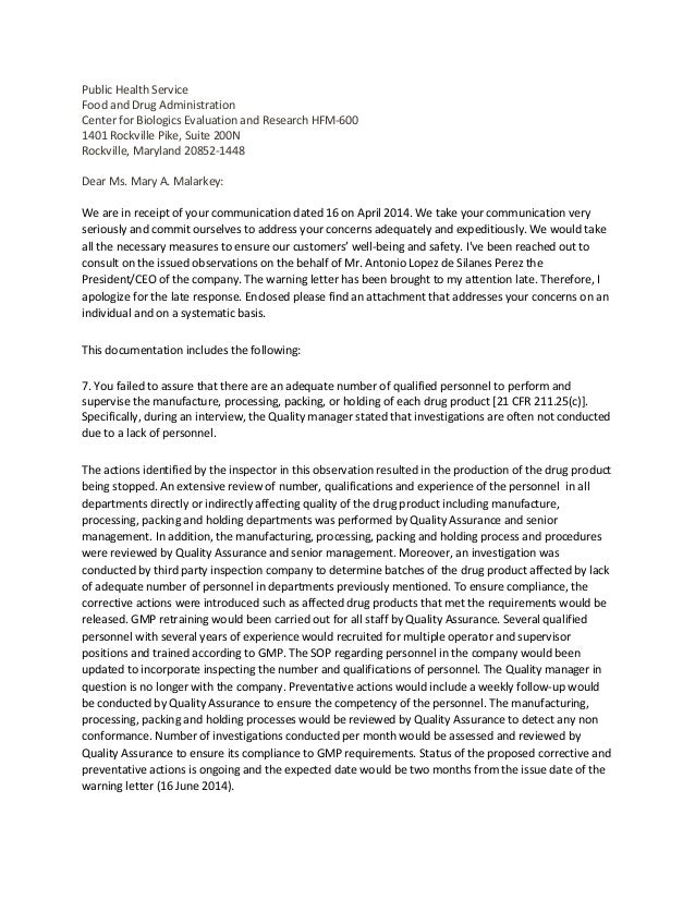 mock response to a fda warning letter fda letter