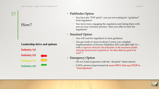 How?
• Pathfinder Option
• You have the “PAT spirit”; you are not waiting for “guidance”
from regulators
• You move now; engaging the regulators and taking them with
you on your visionary journey ; then you offer to train the
regulators!
• Standard Option
• You will wait for regulators to issue guidance
• You get ready to move in about 3 years; you complete
implementation of Process Validation 2011 and QbD (Q8-11) –
with a vigorous check for risk of breaches in the assurance of data
integrity (and prevent suspicion of “are these data too good to be
true?”)
• Emergency Option
• Oh no! A bad inspection with the “dreaded” observations!
• CAPA, process improvement & smart HPLC that says STOP to
“trial injections”
Leadership-drive and options
Industry 1.0
Industry 2.0
Industry 3.0
Industry 4.0
3/19/2017Ajaz S Hussain | Insight, Advice & Solutions LLC
15
 
