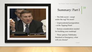 Summary: Part I
• The little secret – swept
under the rug? No more!
• Unprecedented juxtaposition
– at the Tipping Point!
• Serious consideration needed
for building your roadmap!
• Three options: Pathfinder,
Standard or Emergency; what
will you choose?
3/19/2017
Ajaz S Hussain | Insight, Advice & Solutions LLC
18
 