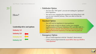 How?
• Pathfinder Option
• You have the “PAT spirit”; you are not waiting for “guidance”
from regulators
• You move now; engaging the regulators and taking them with
you on your visionary journey ; then you offer to train the
regulators!
• Standard Option
• You will wait for regulators to issue guidance
• You get ready to move in about 3 years; you complete
implementation of Process Validation 2011 and QbD (Q8-11) –
with a vigorous check for risk of breaches in the assurance of data
integrity (and prevent suspicion of “are these data too good to be
true?”)
• Emergency Option
• Oh no! A bad inspection with the “dreaded” observations!
• CAPA, process improvement & smart HPLC that says STOP to
“trial injections”
Leadership-drive and options
Industry 1.0
Industry 2.0
Industry 3.0
Industry 4.0
3/19/2017Ajaz S Hussain | Insight, Advice & Solutions LLC
20
 