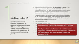 How to address the 483 Observations
• Each observation should be addressed
specifically & comprehensively
Process capability roadmap a central theme
(for all products at the facility)
Plus – how are CQA’s linked to PPs; what
are CPPs’ and range for controlling?
How other observation impact/interact
informs the methodology and sequence of
work products?
• Measurement system capable for all QA’s &
PPs?
• Is the process stable for all CQA’s?
• What can we do to address special causes
we will observe?
• Are the processes capable?
• Plus +++
3/19/2017Ajaz S Hussain | Insight, Advice & Solutions LLC
23
 