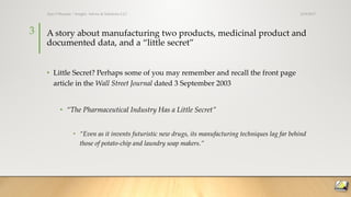A story about manufacturing two products, medicinal product and
documented data, and a “little secret”
• Little Secret? Perhaps some of you may remember and recall the front page
article in the Wall Street Journal dated 3 September 2003
• “The Pharmaceutical Industry Has a Little Secret”
• “Even as it invents futuristic new drugs, its manufacturing techniques lag far behind
those of potato-chip and laundry soap makers.”
3/19/2017Ajaz S Hussain | Insight, Advice & Solutions LLC
3
 