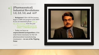 [Pharmaceutical]
Industrial Revolutions:
1.0, 2.0, 3.0, and 4.0?
• Background: How did the journey
begin in 2000 and progress until 2005?
If you are interested please click on
the video message from the past
• Pharmaceutical cGMPs for the 21st
Century — A Risk-Based Approach
• Today we have an
unprecedented juxtaposition of the
main forces necessary for the US
pharmaceutical manufacturing
renaissance – we are at the Tipping
Point
3/19/2017
Ajaz S Hussain | Insight, Advice & Solutions LLC
4
 