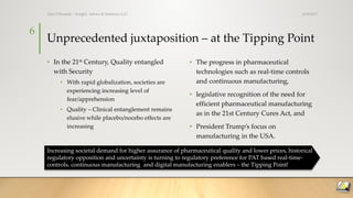 Unprecedented juxtaposition – at the Tipping Point
• In the 21st Century, Quality entangled
with Security
• With rapid globalization, societies are
experiencing increasing level of
fear/apprehension
• Quality – Clinical entanglement remains
elusive while placebo/nocebo effects are
increasing
• The progress in pharmaceutical
technologies such as real-time controls
and continuous manufacturing,
• legislative recognition of the need for
efficient pharmaceutical manufacturing
as in the 21st Century Cures Act, and
• President Trump’s focus on
manufacturing in the USA.
3/19/2017Ajaz S Hussain | Insight, Advice & Solutions LLC
6
Increasing societal demand for higher assurance of pharmaceutical quality and lower prices, historical
regulatory opposition and uncertainty is turning to regulatory preference for PAT based real-time-
controls, continuous manufacturing and digital manufacturing enablers – the Tipping Point!
 