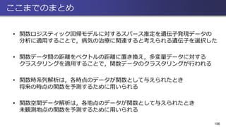 ここまでのまとめ
• 関数ロジスティック回帰モデルに対するスパース推定を遺伝子発現データの
分析に適用することで，病気の治療に関連すると考えられる遺伝子を選択した
• 関数データ間の距離をベクトルの距離に置き換え，多変量データに対する
クラスタリングを適用することで，関数データのクラスタリングが行われる
• 関数時系列解析は，各時点のデータが関数として与えられたとき
将来の時点の関数を予測するために用いられる
• 関数空間データ解析は，各地点のデータが関数として与えられたとき
未観測地点の関数を予測するために用いられる
156
 