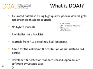 12
What is DOAJ?

A curated database listing high quality, peer-reviewed open
access journals

No hybrid journals

A wh...