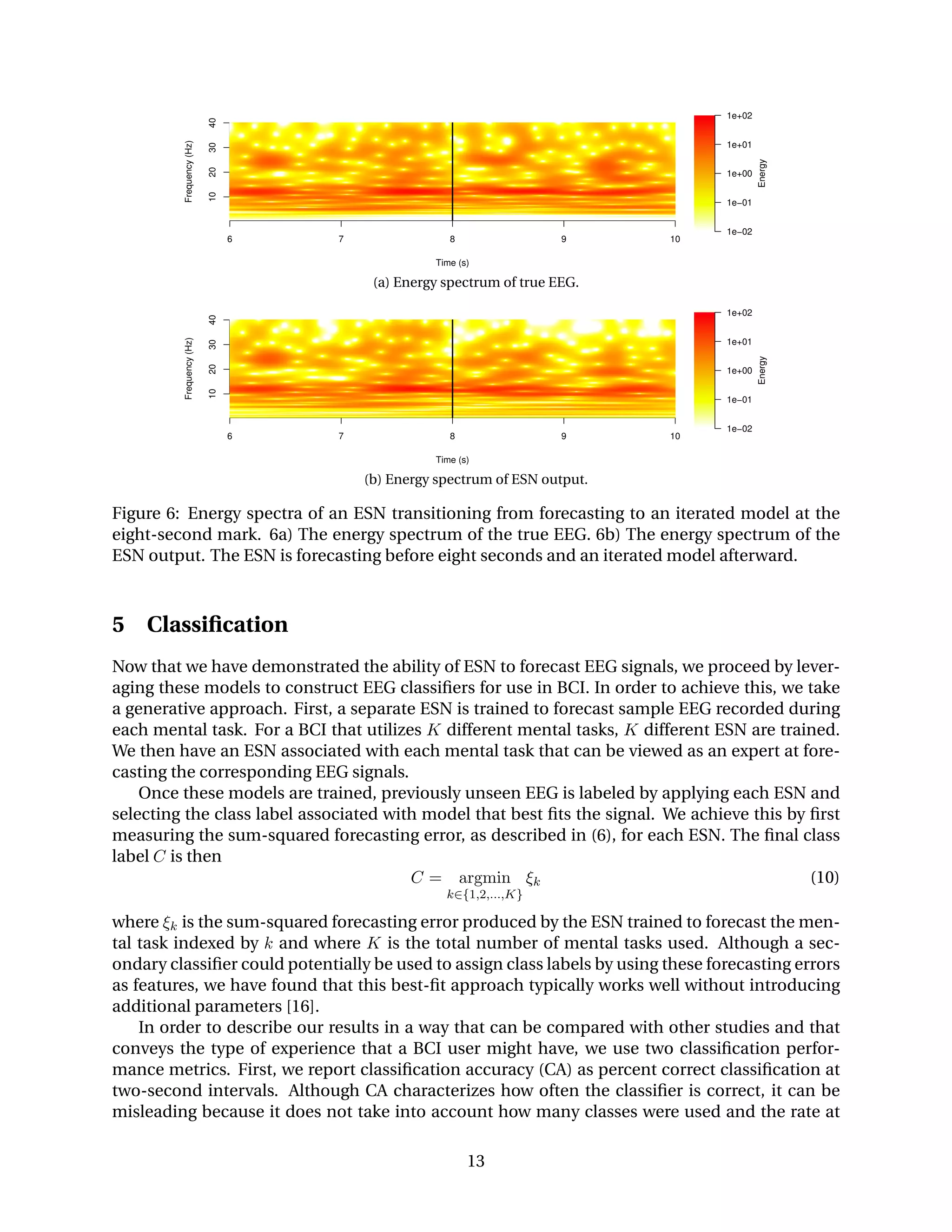 6 7 8 9 10
10203040
Time (s)
Frequency(Hz)
1e−02
1e−01
1e+00
1e+01
1e+02
Energy
(a) Energy spectrum of true EEG.
6 7 8 9 10
10203040
Time (s)
Frequency(Hz)
1e−02
1e−01
1e+00
1e+01
1e+02
Energy
(b) Energy spectrum of ESN output.
Figure 6: Energy spectra of an ESN transitioning from forecasting to an iterated model at the
eight-second mark. 6a) The energy spectrum of the true EEG. 6b) The energy spectrum of the
ESN output. The ESN is forecasting before eight seconds and an iterated model afterward.
5 Classiﬁcation
Now that we have demonstrated the ability of ESN to forecast EEG signals, we proceed by lever-
aging these models to construct EEG classiﬁers for use in BCI. In order to achieve this, we take
a generative approach. First, a separate ESN is trained to forecast sample EEG recorded during
each mental task. For a BCI that utilizes K different mental tasks, K different ESN are trained.
We then have an ESN associated with each mental task that can be viewed as an expert at fore-
casting the corresponding EEG signals.
Once these models are trained, previously unseen EEG is labeled by applying each ESN and
selecting the class label associated with model that best ﬁts the signal. We achieve this by ﬁrst
measuring the sum-squared forecasting error, as described in (6), for each ESN. The ﬁnal class
label C is then
C = argmin
k∈{1,2,...,K}
ξk (10)
where ξk is the sum-squared forecasting error produced by the ESN trained to forecast the men-
tal task indexed by k and where K is the total number of mental tasks used. Although a sec-
ondary classiﬁer could potentially be used to assign class labels by using these forecasting errors
as features, we have found that this best-ﬁt approach typically works well without introducing
additional parameters [16].
In order to describe our results in a way that can be compared with other studies and that
conveys the type of experience that a BCI user might have, we use two classiﬁcation perfor-
mance metrics. First, we report classiﬁcation accuracy (CA) as percent correct classiﬁcation at
two-second intervals. Although CA characterizes how often the classiﬁer is correct, it can be
misleading because it does not take into account how many classes were used and the rate at
13
 