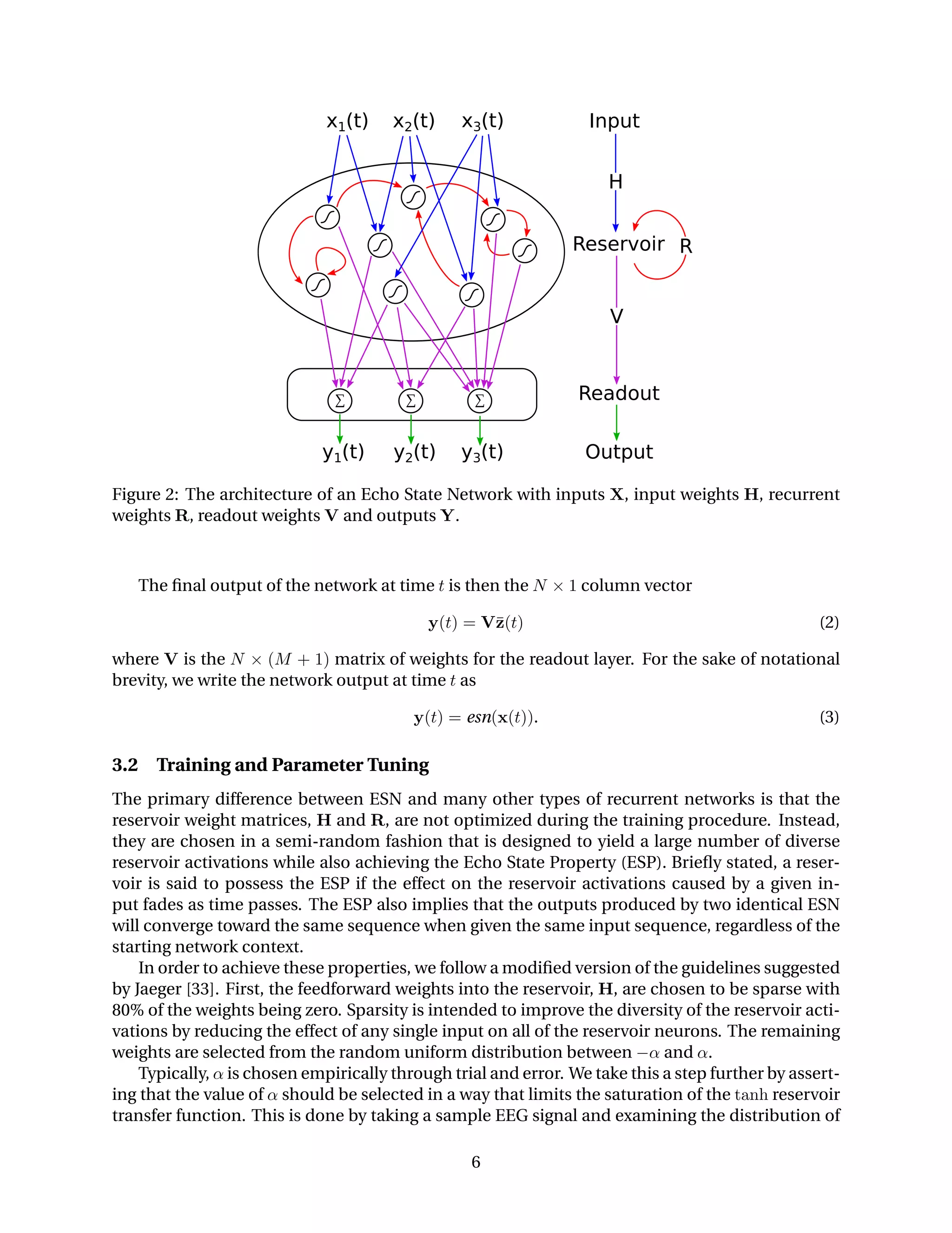y1(t) y2(t) y3(t)
x1(t) x2(t) x3(t) Input
Reservoir
Readout
Output
∑ ∑ ∑
H
R
V
Figure 2: The architecture of an Echo State Network with inputs X, input weights H, recurrent
weights R, readout weights V and outputs Y.
The ﬁnal output of the network at time t is then the N × 1 column vector
y(t) = V¯z(t) (2)
where V is the N × (M + 1) matrix of weights for the readout layer. For the sake of notational
brevity, we write the network output at time t as
y(t) = esn(x(t)). (3)
3.2 Training and Parameter Tuning
The primary difference between ESN and many other types of recurrent networks is that the
reservoir weight matrices, H and R, are not optimized during the training procedure. Instead,
they are chosen in a semi-random fashion that is designed to yield a large number of diverse
reservoir activations while also achieving the Echo State Property (ESP). Brieﬂy stated, a reser-
voir is said to possess the ESP if the effect on the reservoir activations caused by a given in-
put fades as time passes. The ESP also implies that the outputs produced by two identical ESN
will converge toward the same sequence when given the same input sequence, regardless of the
starting network context.
In order to achieve these properties, we follow a modiﬁed version of the guidelines suggested
by Jaeger [33]. First, the feedforward weights into the reservoir, H, are chosen to be sparse with
80% of the weights being zero. Sparsity is intended to improve the diversity of the reservoir acti-
vations by reducing the effect of any single input on all of the reservoir neurons. The remaining
weights are selected from the random uniform distribution between −α and α.
Typically, α is chosen empirically through trial and error. We take this a step further by assert-
ing that the value of α should be selected in a way that limits the saturation of the tanh reservoir
transfer function. This is done by taking a sample EEG signal and examining the distribution of
6
 