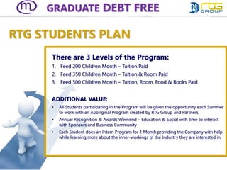 GRADUATE DEBT FREE
RTG STUDENTS PLAN
There are 3 Levels of the Program:
1. Feed 200 Children Month – Tuition Paid
2. Feed 350 Children Month – Tuition & Room Paid
3. Feed 500 Children Month – Tuition, Room, Food & Books Paid
ADDITIONAL VALUE:
• All Students participating in the Program will be given the opportunity each Summer
to work with an Aboriginal Program created by RTG Group and Partners.
• Annual Recognition & Awards Weekend – Education & Social with time to interact
with Sponsors and Business Community
• Each Student does an Intern Program for 1 Month providing the Company with help
while learning more about the inner-workings of the Industry they are interested in.
 