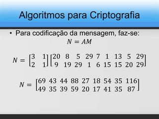 • Para codificação da mensagem, faz-se:
𝑁 = 𝐴𝑀
𝑁 =
3 1
2 1
20
9
8
19
5
29
29
1
7
6
1
15
13
15
5
20
29
29
𝑁 =
69
49
43
35
44
39
88
59
27
20
18
17
54
41
35
35
116
87
Algoritmos para Criptografia
 