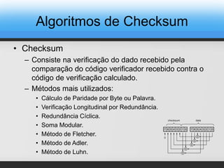 Algoritmos de Checksum
• Checksum
– Consiste na verificação do dado recebido pela
comparação do código verificador recebido contra o
código de verificação calculado.
– Métodos mais utilizados:
• Cálculo de Paridade por Byte ou Palavra.
• Verificação Longitudinal por Redundância.
• Redundância Cíclica.
• Soma Modular.
• Método de Fletcher.
• Método de Adler.
• Método de Luhn.
 