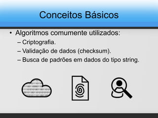 Conceitos Básicos
• Algoritmos comumente utilizados:
– Criptografia.
– Validação de dados (checksum).
– Busca de padrões em dados do tipo string.
 