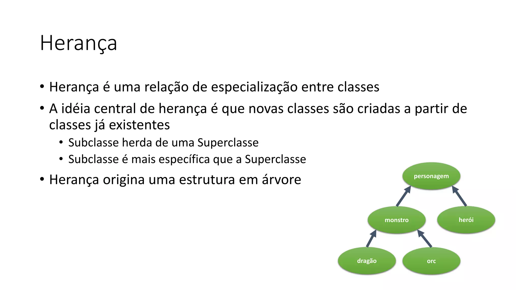 Herança
• Herança é uma relação de especialização entre classes
• A idéia central de herança é que novas classes são criadas a partir de
classes já existentes
• Subclasse herda de uma Superclasse
• Subclasse é mais específica que a Superclasse
• Herança origina uma estrutura em árvore personagem
dragão orc
monstro herói
 