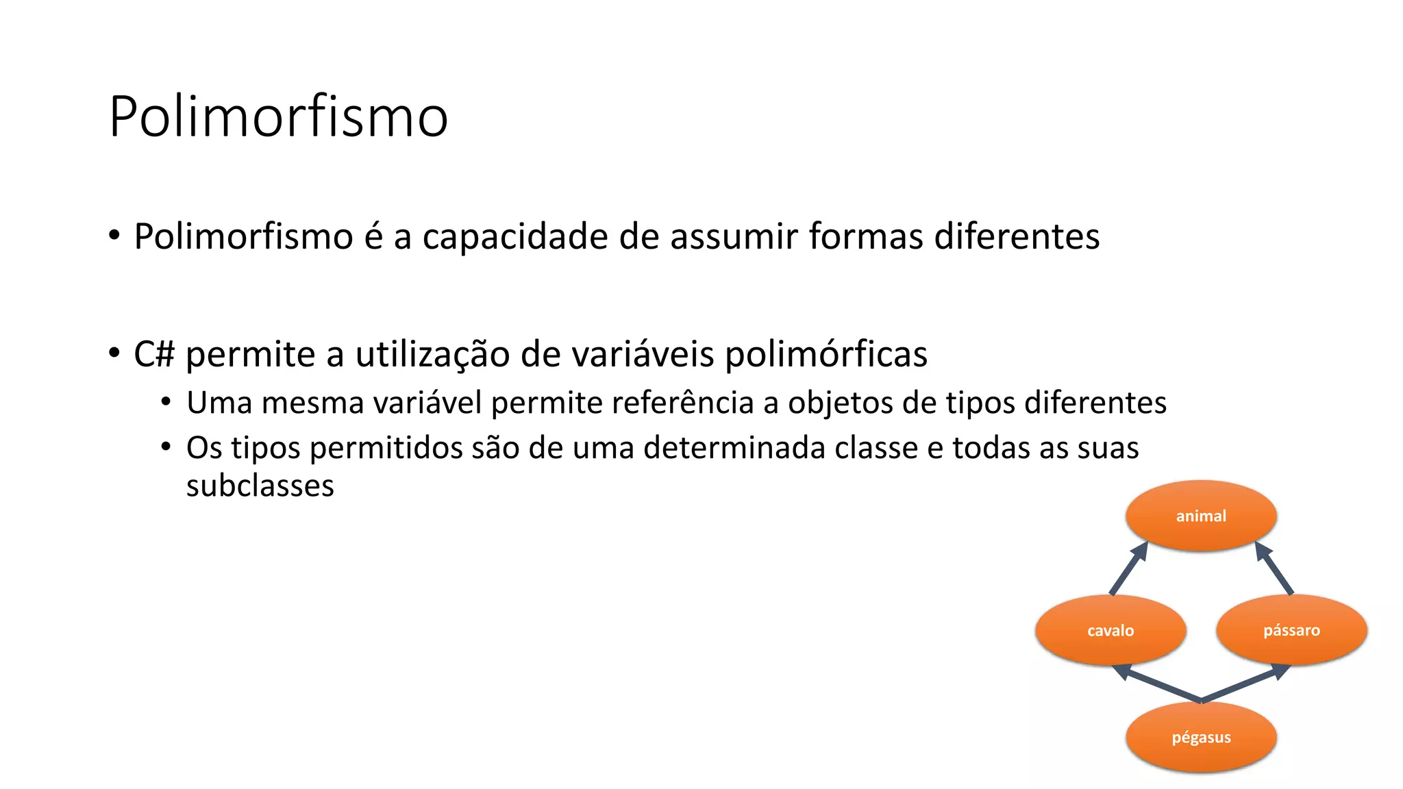 Polimorfismo
• Polimorfismo é a capacidade de assumir formas diferentes
• C# permite a utilização de variáveis polimórficas
• Uma mesma variável permite referência a objetos de tipos diferentes
• Os tipos permitidos são de uma determinada classe e todas as suas
subclasses
animal
pégasus
cavalo pássaro
 