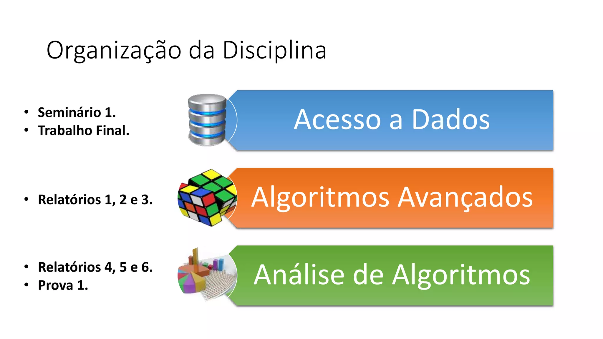 Organização da Disciplina
Acesso a Dados
Algoritmos Avançados
Análise de Algoritmos
• Seminário 1.
• Trabalho Final.
• Relatórios 1, 2 e 3.
• Relatórios 4, 5 e 6.
• Prova 1.
 