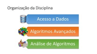 Organização da Disciplina
Acesso a Dados
Algoritmos Avançados
Análise de Algoritmos
 
