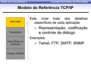 Faculdade Dom Bosco de Porto AlegreRedes de Computadores A
Aplicação
Transporte
Inter-Rede ou
Internet
Acesso a Rede
Este nível trata dos detalhes
específicos de cada aplicação
– Representação, codificação
e controle de diálogo
Exemplos:
– Telnet, FTP, SMTP, SNMP
Modelo de Referência TCP/IP
 