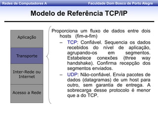 Faculdade Dom Bosco de Porto AlegreRedes de Computadores A
Aplicação
Transporte
Inter-Rede ou
Internet
Acesso a Rede
Proporciona um fluxo de dados entre dois
hosts (fim-a-fim)
– TCP: Confiável. Sequencia os dados
recebidos do nível de aplicação,
agrupando-os em segmentos.
Estabelece conexões (three way
handshake). Confirma recepção dos
segmentos enviados.
– UDP: Não-confiável. Envia pacotes de
dados (datagramas) de um host para
outro, sem garantia de entrega. A
sobrecarga desse protocolo é menor
que a do TCP.
Modelo de Referência TCP/IP
 