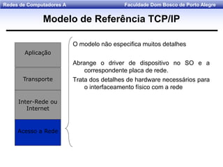 Faculdade Dom Bosco de Porto AlegreRedes de Computadores A
Aplicação
Transporte
Inter-Rede ou
Internet
Acesso a Rede
O modelo não especifica muitos detalhes
Abrange o driver de dispositivo no SO e a
correspondente placa de rede.
Trata dos detalhes de hardware necessários para
o interfaceamento físico com a rede
Modelo de Referência TCP/IP
 
