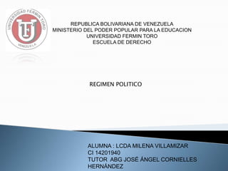 REPUBLICA BOLIVARIANA DE VENEZUELA
MINISTERIO DEL PODER POPULAR PARA LA EDUCACION
UNIVERSIDAD FERMIN TORO
ESCUELA DE DERECHO

REGIMEN POLITICO

ALUMNA : LCDA MILENA VILLAMIZAR
CI 14201940
TUTOR ABG JOSÉ ÁNGEL CORNIELLES
HERNÁNDEZ

 