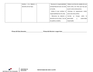 familiar y los deberes y
derechos de los hijos.
- Reconoce la responsabilidad
(compartida) de traer una vida
al mundo.
- Señala lo que conlleva la
responsabilidad de otra vida.
- Menciona los deberes y
derechos de los hijos / los de
los padres y madres.
-Elabora una lista de cuidados de una
nueva vida y los retos que hay que
asumir como consecuencia.
-Participa en exposiciones orales
acerca de temas afines.
-Escribe un Ensayo sobre la
paternidad y maternidad
responsable.
MINISTERIO DE EDUCACIÓN
Firma del (los) docentes________________________ Firma del director o supervisor___________________________________
 