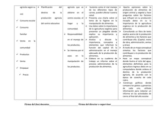 agrícola según su
uso
✓ Consumo escolar
✓ Consumo
familiar
✓ Venta en la
comunidad
✓ Productos
✓ Venta
✓ Empaque
✓ Precio
➢ Planificación del
destino de la
producción agrícola
del centro educativo
agrícola que se
obtiene en el
centro escolar, el
hogar y la
comunidad.
➢ Responsabilidad
en el manejo de
los productos.
➢ Se interesa por el
aseo en la
manipulación de
los productos.
➢ Sustenta como el mal manejo
de los diferentes tipos de
carnes, pueden afectar nuestra
salud.
➢ Presenta una charla sobre el
tema de la higiene en la
manipulación de alimentos.
➢ Usa datos sobre la importancia
de la agricultura orgánica para
presentar un plegable donde
explica su importancia y
aplicación.
➢ Analiza y discute la
importancia, conceptos y
elementos que informan la
función del capital VS la
administración en el manejo
adecuado de la producción de
alimentos.
➢ Elabora en su cuaderno de
trabajo un informe sobre el
proceso administrativo de la
producción de alimentos.
➢ Aporta opiniones sobre la
producción de alimentos de
origen animal y vegetal y hace
preguntas sobre los factores
que influyen en su producción
recopila datos en su la
importancia de la agricultura
orgánica en la producción de
alimentos.
➢ Consultando un libro de texto
explica acerca de la producción
de alimentos y los factores que
contribuye ella. (Capital, mano
de obra, administración, ventas
y otras).
➢ A través de un mapa conceptual
sintetiza los factores que
contribuyen a la producción de
alimentos.
➢ Hace un mapa conceptual
donde ilustra el ciclo del agua,
elementos definitivos para la
agricultura Ingresa datos en su
computadora donde ordena el
destino de la producción
agrícola, de acuerdo con la
época de cosecha de cada
rubro.
➢ Construye gráficos donde
compara los gastos y ganancias
de cada uno, utilízala
información para redactar un
informe en las actividades de
cierre al final del año escolar.
Firma del (los) docentes________________________ Firma del director o supervisor___________________________________
 
