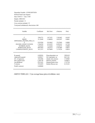 24 | P a g e
Dependent Variable: CONSUMPTION
Method:Panel Least Squares
Date: 03/05/15 Time: 15:09
Sample: 2000 2012
Periods included: 13
Cross-sections included: 52
Totalpanel (unbalanced) observations: 660
Variable Coefficient Std. Error t-Statistic Prob.
C 3348.721 1417.831 2.361862 0.0185
PROP3 21.32449 5.288028 4.032597 0.0001
DIPOSABLE_INCOME_PER_CA
P 0.819304 0.014663 55.87684 0.0000
INCOME_EXPECTATIONS -7.964230 8.914325 -0.893419 0.3720
INTEREST_RATE 310.6324 75.24324 4.128375 0.0000
MORTGAGE_RATE -460.5854 156.0773 -2.951009 0.0033
UNEMPLOYMENT_RATE 161.2157 50.78099 3.174726 0.0016
R-squared 0.899936 Mean dependent var 29954.03
Adjusted R-squared 0.899017 S.D. dependent var 6013.261
S.E. of regression 1910.886 Akaike info criterion 17.95907
Sum squared resid 2.38E+09 Schwarz criterion 18.00672
Log likelihood -5919.493 Hannan-Quinn criter. 17.97754
F-statistic 978.8059 Durbin-Watson stat 0.151221
Prob(F-statistic) 0.000000
ABOVE TIMELAG= 3 (no average house prices & inflation rate)
 
