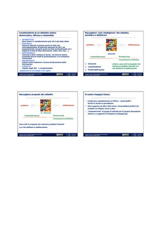 Caratteristiche di un dibattito online:                                                     Raccogliere “civic intelligence” dei cittadini,
democratico, efficace e sostenibile                                                         ascoltare e deliberare

§  INTERATTIVO
     devo tenere in considerazione quel che è già stato detto                                                                                proposte
§  RAZIONALE                                                                                                                                soluzioni
    ciascuno esprime il proprio punto di vista non                                            problemi                                         idee                     deliberazione
    contrapponendosi all’opinione espressa da altri, ma                                                                                    suggerimenti
    argomentando il proprio punto di vista eventualmente con i
    supporto di dati di fatto (documenti, video, foto, link….)
§  RESPONSABILE                                                                                                                               Ideascale
    ciascuno ci deve ‘mettere la faccia’, ma devono essere
    consentiti diversi livelli di partecipazione e se necessario                                       Problemi&Proposte                                    Brainstorming
    l’anonimato
                                                                                                                                                            Consultazione (certificata)
§  ORGANIZZATO
    evitare inutili ripetizioni e buona strutturazione delle
    informazioni                                                                            1.    Ideascale                                         criterio: sono utili le proposte che
§  CORRETTO                                                                                2.    LiquidFeedback                                    risolvono problemi rilevanti e/o
    rispetto degli altri e nondomination                                                                                                            che abilitano la deliberazione
                                                                                            3.    Problemi&Proposte
supportate da tecnologie e da regole
Fiorella De Cindio @ PIATTAFORME PER LA POLITICA                               43           Fiorella De Cindio @ PIATTAFORME PER LA POLITICA                                 44
IGF 2012, Torino, 19 ottobre 2012                                                           IGF 2012, Torino, 19 ottobre 2012




Raccogliere proposte dei cittadini                                                          Il nostro impegno futuro


                                                                                            §  Continuare caparbiamente su Milano – partecipaMi –
                                                 proposte
                                                 soluzioni                                        finchè le risorse lo permettono
  problemi                                         idee                    deliberazione
                                                                                            §  Dare supporto ad altre città (www. ComunaliGenova2012.it);
                                               suggerimenti
                                                                                                  contatti con Napoli, Como e altre
                                                                                            §  “empowerment” di gruppi di attivisti per la propria discussione
                                              Ex. Ideascale
                                                                                                  interna e a supporto di iniziative (campaigning)
           Problemi&Proposte                                  Brainstorming

                                                              Consultazione (certificata)


Sono utili le proposte che risolvono problemi rilevanti
e/o che abilitano la deliberazione



Fiorella De Cindio @ PIATTAFORME PER LA POLITICA                               45           Fiorella De Cindio @ PIATTAFORME PER LA POLITICA                                 46
IGF 2012, Torino, 19 ottobre 2012                                                           IGF 2012, Torino, 19 ottobre 2012
 