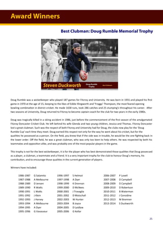 Award Winners
Best Clubman: Doug Rumble Memorial Trophy
Doug Rumble was a wicketkeeper who played 187 games for Fitzroy and University. He was born in 1955 and played his first
game in 1970 at the age of 15, keeping to the likes of Eddie Illingworth and ‘Froggy’ Thompson, the most feared opening
bowling combination in district cricket. He made 1658 runs, took 286 catches and 25 stumping's throughout his career. After
two seasons at University, Doug returned to Fitzroy to become captain coach for the club for two years in the early 1980s.
Doug was tragically killed in a skiing accident in 1986, just before the commencement of the first season of the amalgamated
Fitzroy Doncaster Cricket Club. He left behind his wife Glenda and two young children, Jessica and Thomas. Fitzroy Doncaster
lost a great clubman. Such was the respect of both Fitzroy and University had for Doug, the clubs now play for the ‘Doug
Rumble Cup’ each time they meet. Doug earned this respect not only for the way he went about his cricket, but for the
qualities he possessed as a person. On the field, you knew that if the side was in trouble, he would be the one fighting back in
the lower order. Off the field, he was a great clubman, who was only too keen to help others. He was respected by both his
teammates and opposition alike, and was probably one of the most popular players in the game.
This trophy is not for the best wicketkeeper, it is for the player who has best demonstrated those qualities that Doug possessed
as a player, a clubman, a teammate and a friend. It is a very important trophy for the club to honour Doug’s memory, his
contribution, and to encourage those qualities in the current generation of players.
Winners have included:
1986-1987 G Salamito 1996-1997 S Helmot 2006-2007 P Lovell
1987-1988 A Melbourne 1997-1998 A Dyer 2007-2008 D Campbell
1988-1989 D Jensen 1998-1999 K Drennan 2008-2009 D Campbell
1989-1990 R Watts 1999-2000 D McNees 2009-2010 D Robertson
1990-1991 L Watts 2000-2001 J Travaglia 2010-2011 B Waterman
1991-1992 J Klein 2001-2002 D Motschall 2011-2012 J Considine
1992-1993 J Harvey 2002-2003 W Hunter 2012-2013 M Bremner
1993-1994 A Melbourne 2003-2004 B Joyce 2013-2014 S Duckworth
1994-1995 A Dyer 2004-2005 D Laidlaw
1995-1996 G Vavasseur 2005-2006 G Kellar
25
 