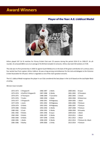 Award Winners
Player of the Year: A.E. Liddicut Medal
Arthur played 167 1st XI matches for Fitzroy Cricket Club over 23 seasons during the period 1914-15 to 1936-37. An all-
rounder, he amassed 6855 runs at an average of 35.40 that included 13 centuries. Arthur also took 542 wickets at 17.09.
The club won its first premiership in 1930-31 against South Melbourne on the back of the great contribution of a century and a
four wicket haul from captain, Arthur Liddicut. He was a long serving committeeman for the club and delegate to the Victorian
Cricket Association for 39 years. Arthur is regarded as one of the club’s greatest servants.
The A.E. Liddicut Medal recognises the player in our Club considered the best player in the 1st XI based on the Jack Ryder Med-
al voting.
Winners have included:
1972-1973 E Illingworth 1986-1987 L Watts 2000-2001 B Joyce
1973-1974 A Duff & E Illingworth 1987-1988 G Watts 2001-2002 D Plumpton
1974-1975 A Thompson 1988-1989 T Considine 2002-2003 C Street
1975-1976 T Cullen 1989-1990 L Watts 2003-2004 B Waterman
1976-1977 E Illingworth 1990-1991 M Ridgeway 2004-2005 L Mash
1977-1978 L Joslin 1991-1992 M Ridgeway 2005-2006 P Dickson
1978-1979 G Watts 1992-1993 M Ridgeway 2006-2007 P Dickson
1979-1980 R Watts 1993-1994 G Watts 2007-2008 P Dickson
1980-1981 S Cook 1994-1995 G Watts 2008-2009 B Knowles
1981-1982 R Watts 1995-1996 B Joyce 2009-2010 L Mash
1982-1983 R Watts 1996-1997 G Watts 2010-2011 L Mash
1983-1984 G Watts 1997-1998 L Childs 2011-2012 L Mash
1984-1985 L Watts 1998-1999 G Watts 2012-2013 P Dickson & L Mash
1985-1986 R Bailey 1999-2000 L Childs 2013-2014 P Dickson
26
 
