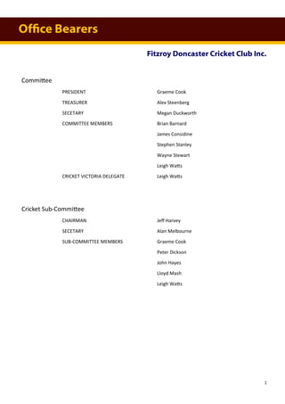 Committee
PRESIDENT Graeme Cook
TREASURER Alex Steenberg
SECETARY Megan Duckworth
COMMITTEE MEMBERS Brian Barnard
James Considine
Stephen Stanley
Wayne Stewart
Leigh Watts
CRICKET VICTORIA DELEGATE Leigh Watts
Cricket Sub-Committee
CHAIRMAN Jeff Harvey
SECETARY Alan Melbourne
SUB-COMMITTEE MEMBERS Graeme Cook
Peter Dickson
John Hayes
Lloyd Mash
Leigh Watts
Fitzroy Doncaster Cricket Club Inc.
1
Office Bearers
 