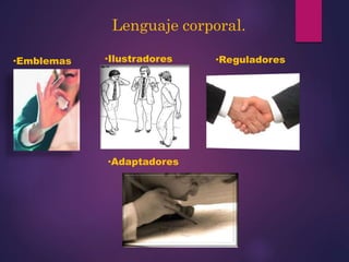 Lenguaje corporal.
∙Emblemas ∙Ilustradores ∙Reguladores
∙Adaptadores
 