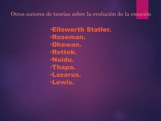 Otros autores de teorías sobre la evolución de la emoción
∙Ellsworth Statler.
∙Roseman.
∙Dhawan.
∙Rettek.
∙Naidu.
∙Thapa.
∙Lazarus.
∙Lewis.
 