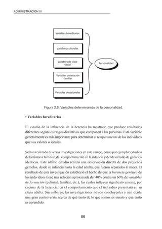 ADMINISTRACIÓN III 
Variables hereditarias 
Variables culturales 
Variables de clase 
social 
Variables de relación 
familiar 
Variables situacionales 
Personalidad 
Figura 2.8. Variables determinantes de la personalidad. 
86 
• Variables hereditarias 
El estudio de la inluencia de la herencia ha mostrado que produce resultados 
diferentes según los rasgos distintivos que componen a las personas. Esta variable 
generalmente es más importante para determinar el temperamento de los individuos 
que sus valores o ideales. 
Se han realizado diversas investigaciones en este campo, como por ejemplo: estudios 
de la historia familiar, del comportamiento en la infancia y del desarrollo de gemelos 
idénticos. Este último estudio realizó una observación directa de dos pequeños 
gemelos, desde su infancia hasta la edad adulta, que fueron separados al nacer. El 
resultado de esta investigación estableció el hecho de que la herencia genética de 
los individuos tiene una relación aproximada del 40% contra un 60% de variables 
de formación (cultural, familiar, etc.), las cuales inluyen signiicativamente, por 
encima de la herencia, en el comportamiento que el individuo presentará en su 
etapa adulta. Sin embargo, las investigaciones no son concluyentes y aún existe 
una gran controversia acerca de qué tanto de lo que somos es innato y qué tanto 
es aprendido. 
 