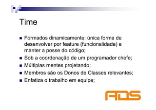 Time
 Formados dinamicamente: única forma de
 desenvolver por feature (funcionalidade) e
 manter a posse do código;
 Sob a coordenação de um programador chefe;
 Múltiplas mentes projetando;
 Membros são os Donos de Classes relevantes;
 Enfatiza o trabalho em equipe;
 