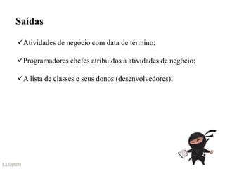 Saídas

Atividades de negócio com data de término;

Programadores chefes atribuídos a atividades de negócio;

A lista de classes e seus donos (desenvolvedores);
 
