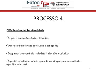 PROCESSO 4
•DPF- Detalhar por Funcionalidade
Regras e transações são identificadas;
O modelo da interface do usuário é esboçado;
Diagramas de sequência mais detalhados são produzidos;
Especialistas são consultados para descobrir qualquer necessidade
específica adicional;
19
 