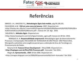Referências
SBROCO. J.H., MACEDO P.C., Metodologias Ágeis Sob medida, pág 99,100,101.
FIGUEIREDO, A.M. FDD em uma casca de banana. 2007. Disponível em:
<http://homes.dcc.ufba.br/~mauricio052/Engenharia%20de%20Software%20I/FDD/FDD%20Em
%20Uma%20Casca%20De%20Banana.pdf >. Acesso em: 26 Ago. 2016.
SIQUEIRA,F.L. Métodos Ágeis. Disponível em:
<http://www.levysiqueira.com.br/artigos/metodos_ageis.pdf> Acesso em 04 Set. 2016.
MARQUES A. N. Responsabilidade empresarial: Metodologias ágeis de desenvolvimento:
Processos e Comparações FACULDADE DE TECNOLOGIA DE SÃO PAULO –SÃO PAULO 2012,
Monografia submetida como exigência parcial para a obtenção do Grau de Tecnólogo em
Processamento de Dados.
Retamal A.M. Feature-Driven Development – Maio/2008. Disponível em :
<http://heptagon.com.br/files/FDD-Processos.pdf> Acessado 7 Set 2016.
Magno A. Apresentando...FDD! 29 Set 2006. Disponível em:
<http://amagno.blogspot.com.br/2006/09/apresentandofdd.html> Acessado 7 Set 2016
28
 