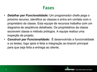 8
• Detalhar por Funcionalidade: Um programador chefe pega o
próximo recurso, identifica as classes e entra em contato com o
proprietário da classe. Esta equipe de recursos trabalha com um
diagrama de seqüência detalhado. Os proprietários da classe
escrevem classe e método prólogos. A equipe realiza uma
inspeção de projeto.
• Construir por Funcionalidade: É desenvolvido a funcionalidade
e os testes, logo após é feita a integração ao branch principal
para que seja feita a entrega ao cliente.
Fases
 