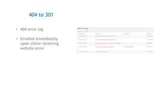 • 404 error log
• Emailed immediately
upon visitor receiving
website error
404 to 301
 