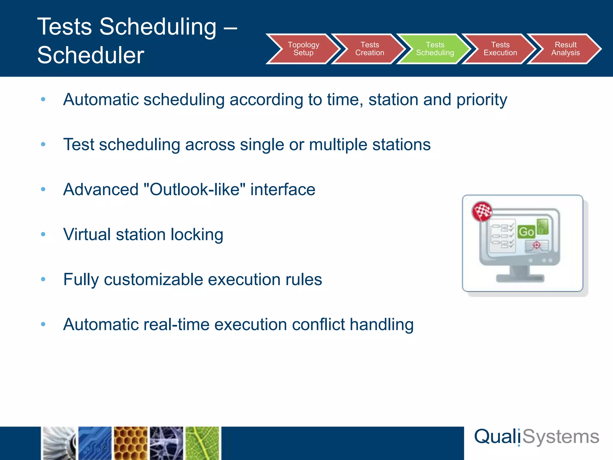 • Automatic scheduling according to time, station and priority 
• Test scheduling across single or multiple stations 
• Advanced "Outlook-like" interface 
• Virtual station locking 
• Fully customizable execution rules 
• Automatic real-time execution conflict handling 
Tests Scheduling – 
Scheduler 
Topology 
Setup 
Tests 
Creation 
Tests 
Scheduling 
Tests 
Execution 
Result 
Analysis 
 